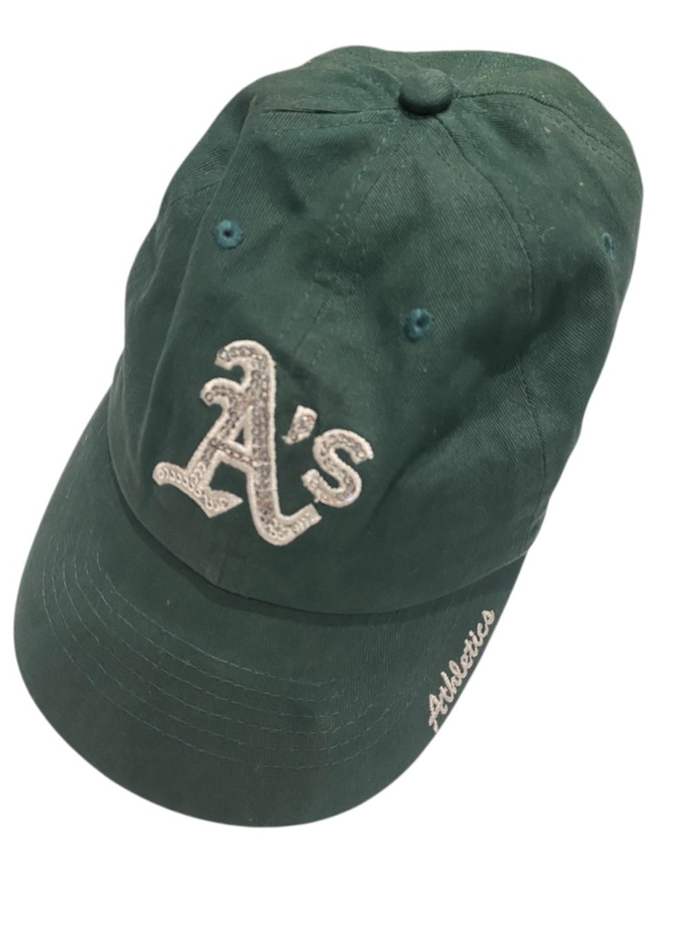 Oakland women’s Athletics baseball cap featuring a rhinestone logo.  Cap MLB